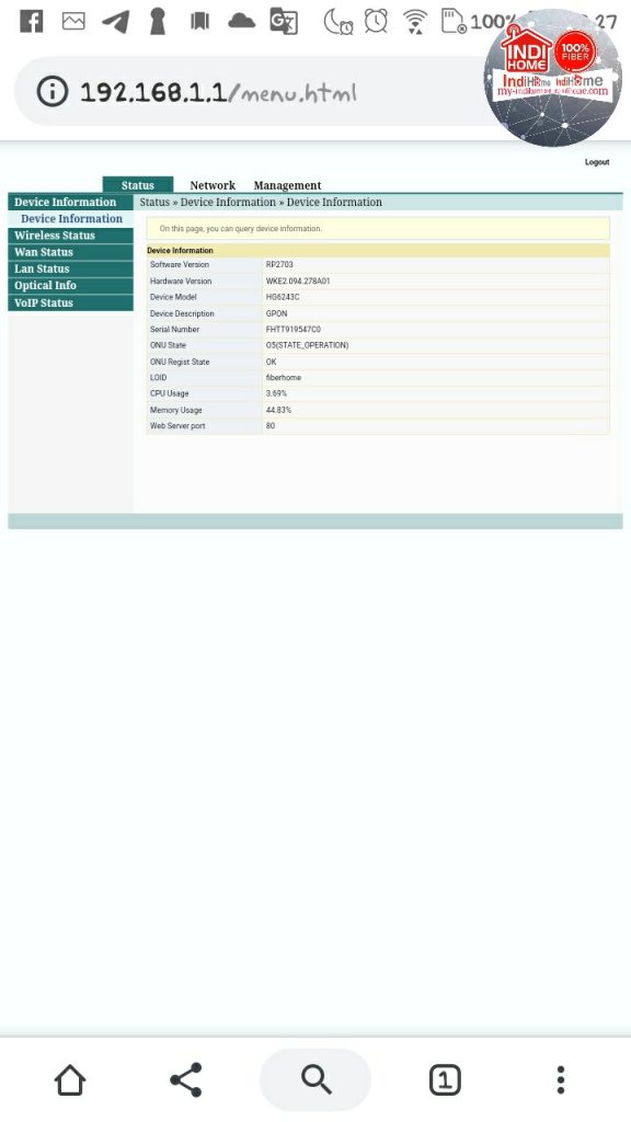 4.Tampilan Login Fiberhome Dari Hp